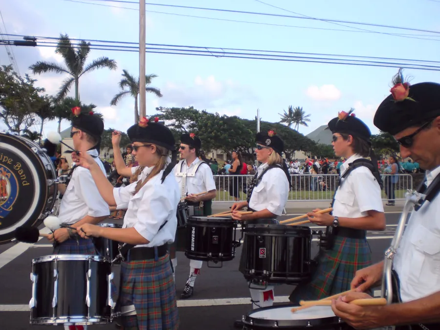 Snare drummers marching in a parade